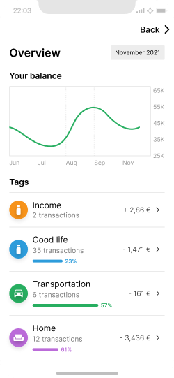 Smartphone screen showing a balance chart and spending category breakdown