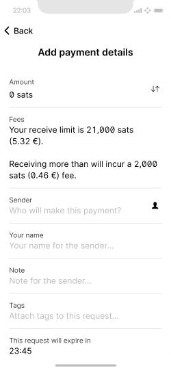 Screen showing no fees being charged for this payment request as its lower than their receive limit.